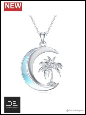 Genuine Diamond Palm Tree Pendant Necklace Sterling Silver 18 Inch Chain
